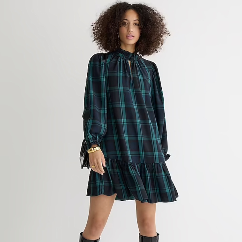 JCREW RUFFLE PUFF SLEEVE DRESS IN BLACK WATCH TARTAN SZ XL  NWT